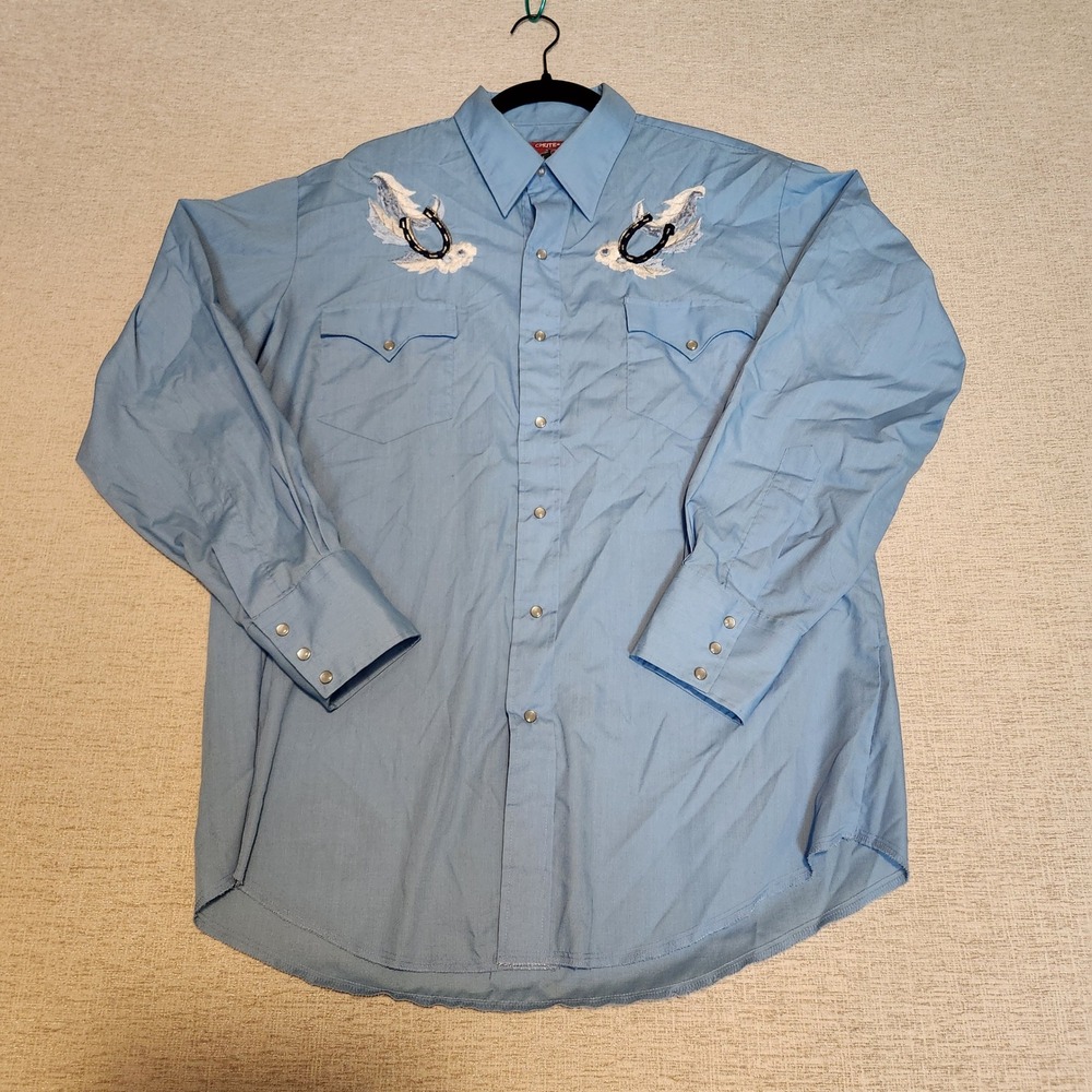 Chute #1 Western Shirt Men XL Light Blue Horseshoe Feather Pearl Snap Embroidery